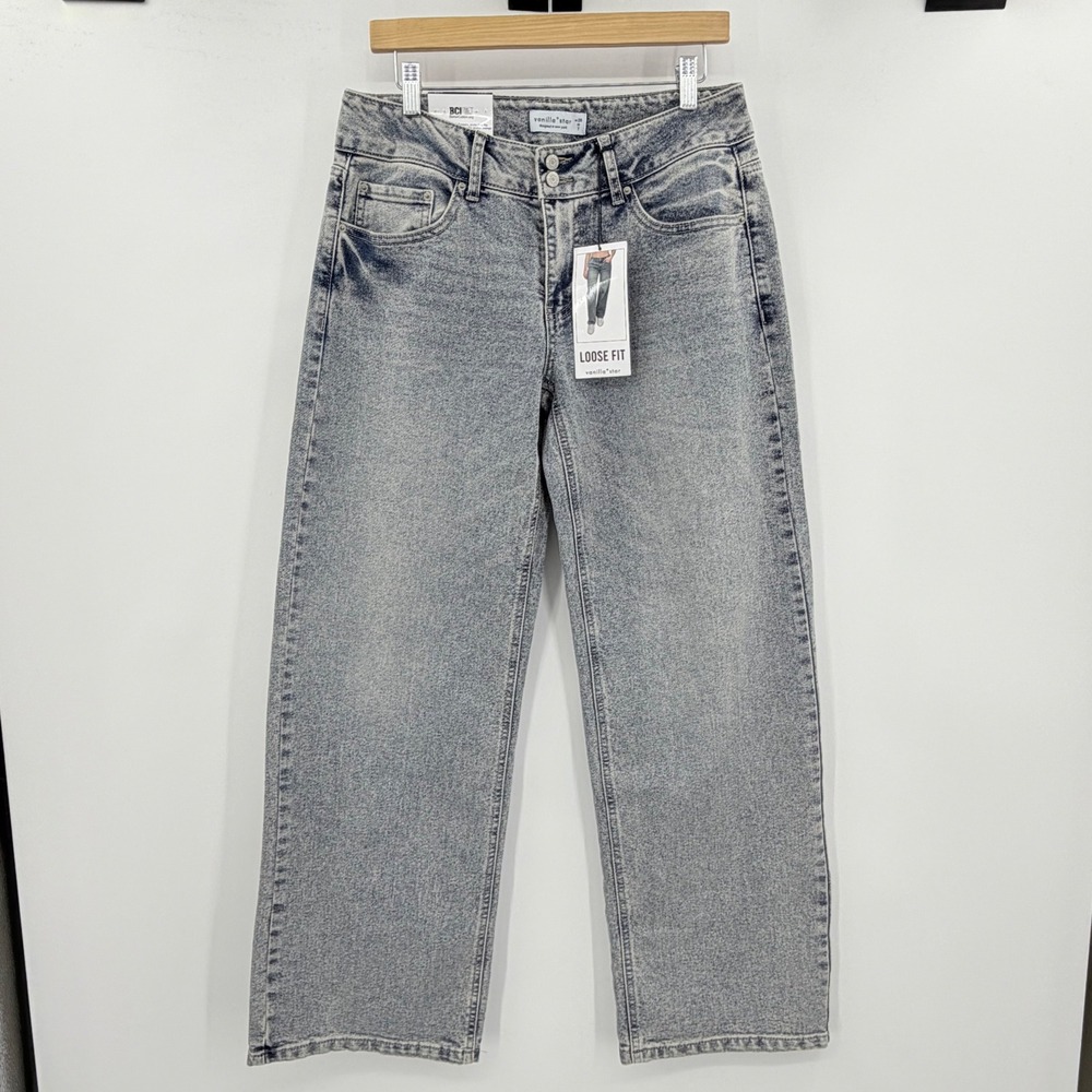 Vanilla Star Loose Fit High Rise Acid Wash Wide Leg Jeans Light Blue Size 7/28